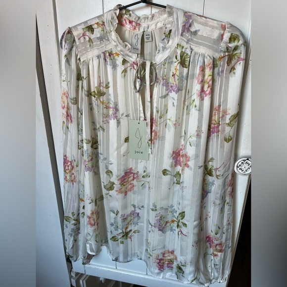 NWT Joie White Floral Blouse with Tie-Neck - Picture 1 of 9